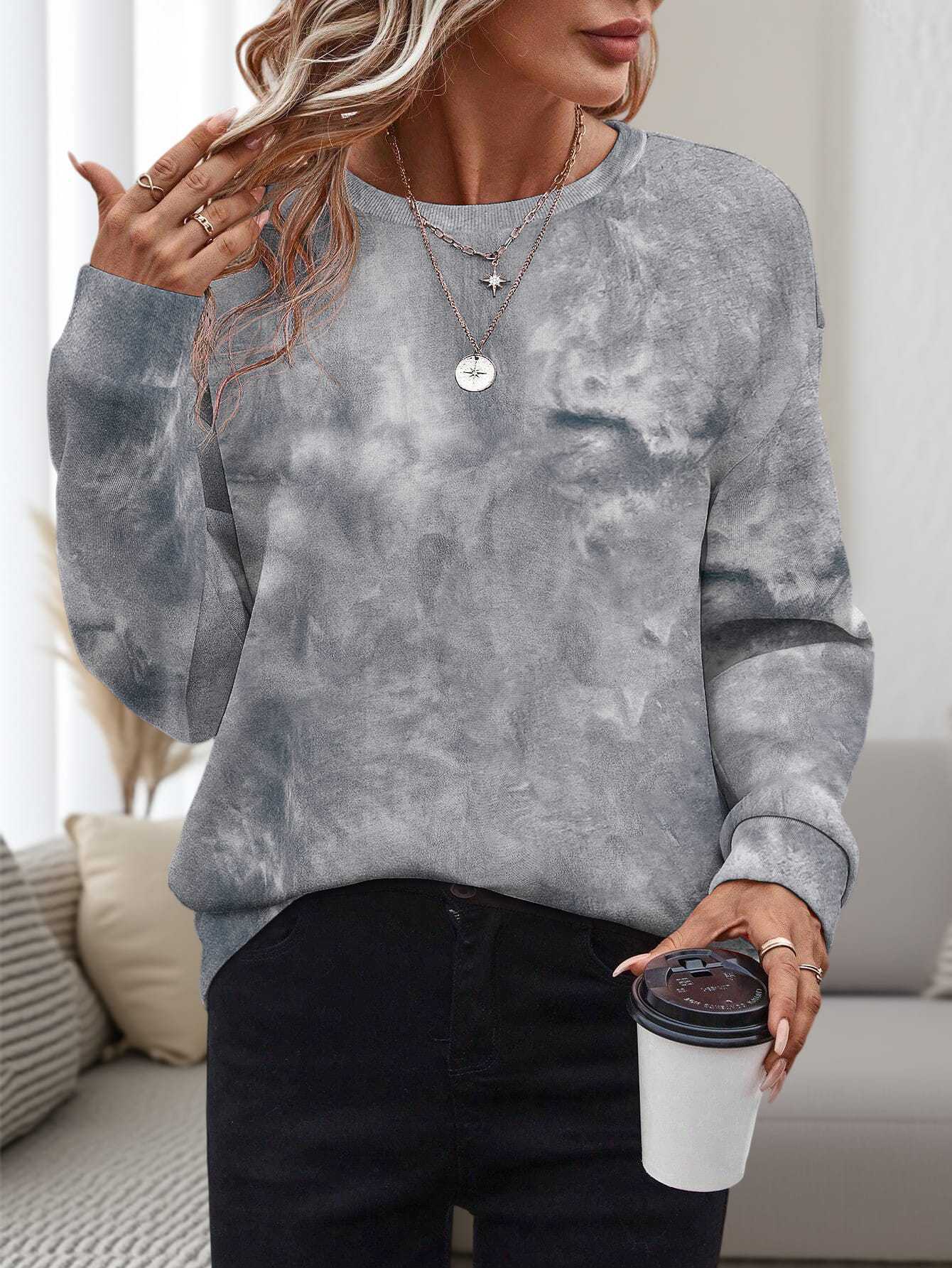 Dame 3D-printet rundhalset pullover, løs fritidstrøje