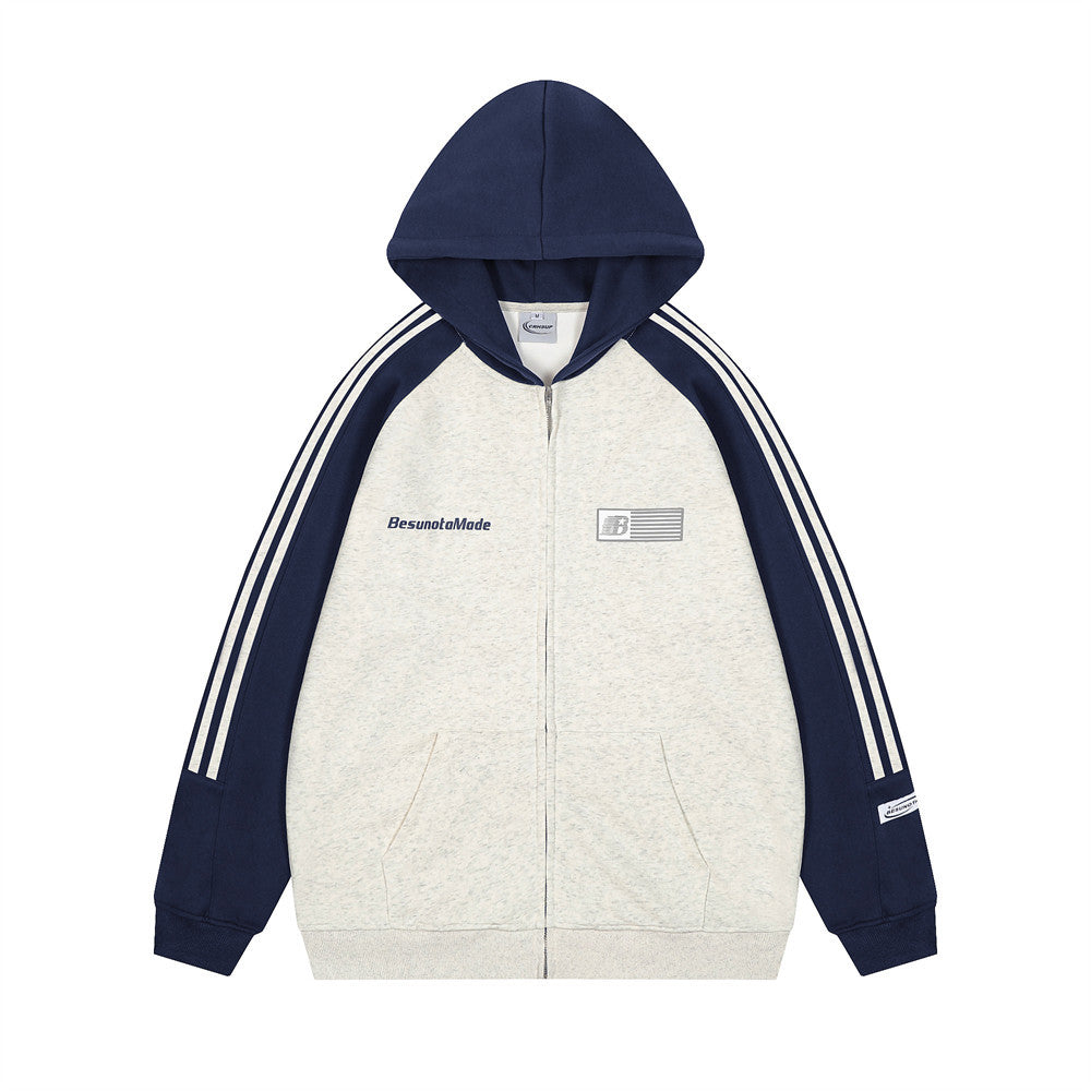 Patchwork Contrast Color Raglan Hooded Sweater Street Fashion American Retro Men