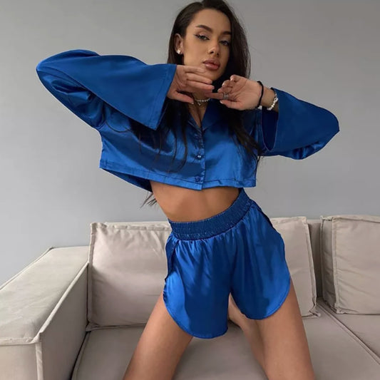 Home Wear Satin Long-Sleeve Slit Shorts Two-Piece Set Sexy Pajamas