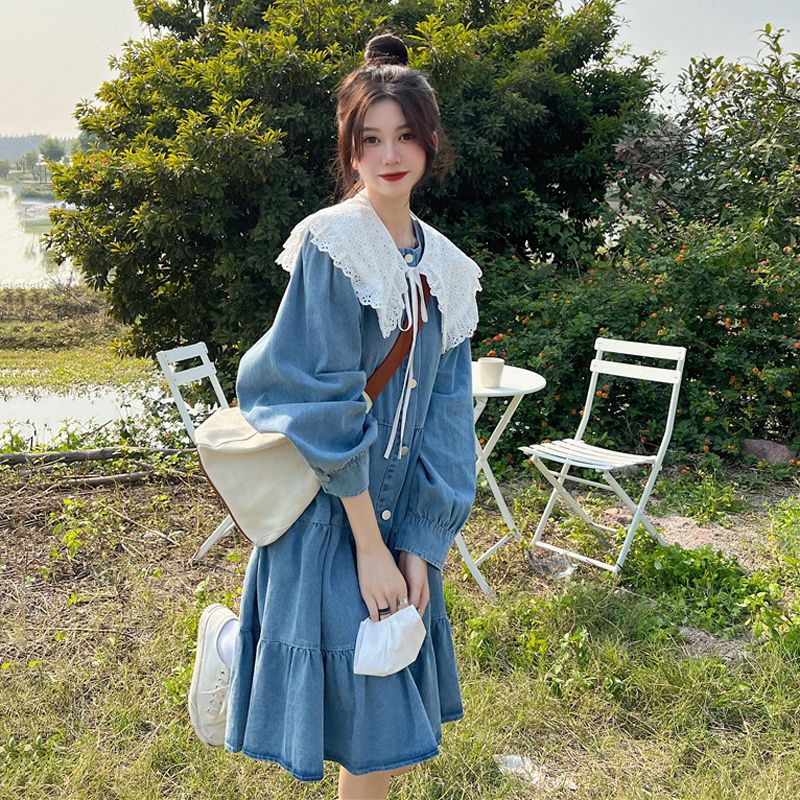 Elegant Designer-Look Mid-Length Denim Dress For Women