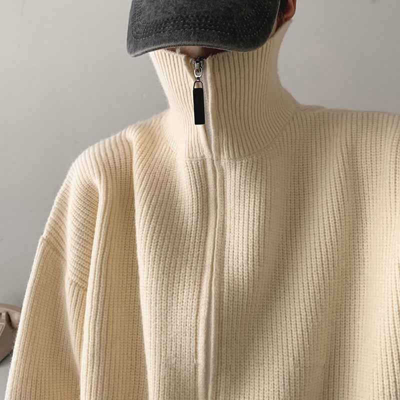 Men's Thick Solid Color Turtleneck Zipper Knitwear Cardigan Sweater
