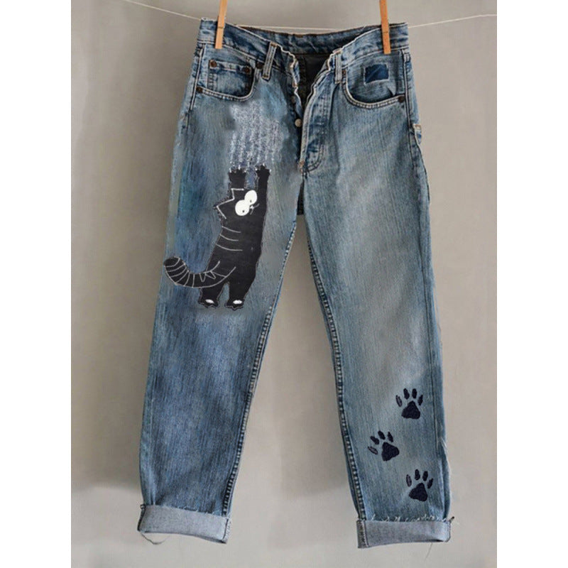 New 3D Heat-transfer Printed Flared Jeans-style Trousers In Faux Denim