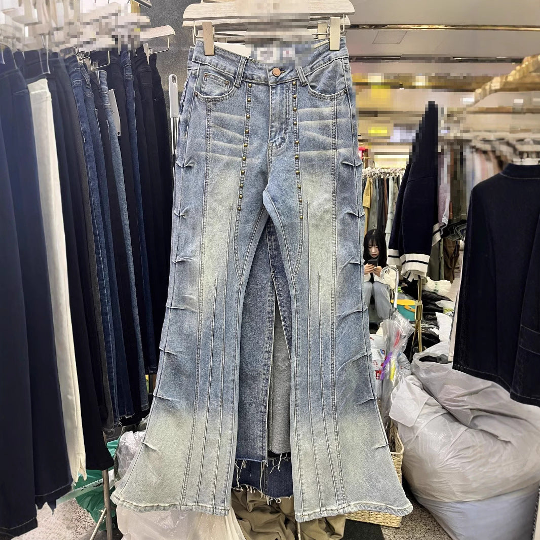 Retro Rivet Heavy-duty Skinny Jeans High Waist Slimming Design
