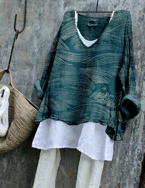 Women's Water Pattern Linen Blend Flowy Long-Sleeve Shirt
