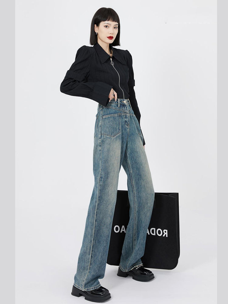 Retro-damedenimbukser med vidde og slidt look