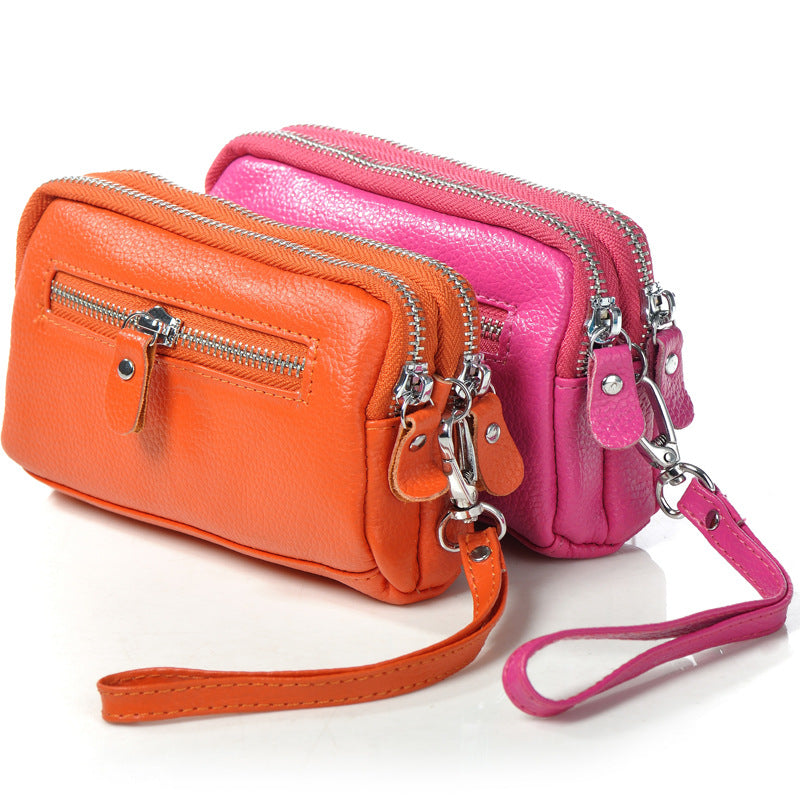Cowhide double zipper small lady pocket handbag mini mobile bag