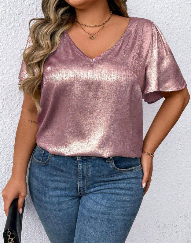Loose-fit V-neck Solid-color Short-sleeve Top