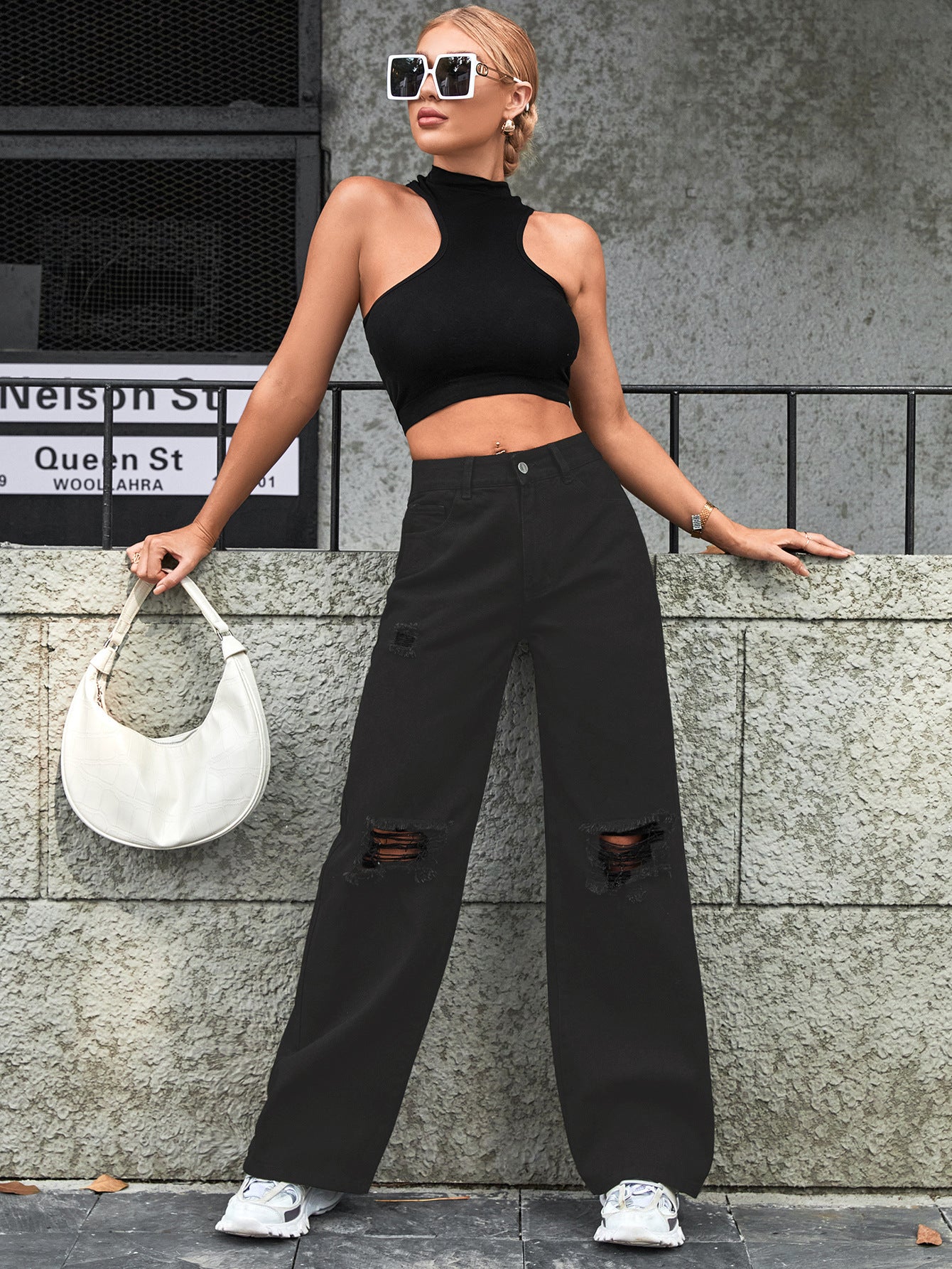 Fashionable Ripped High Waist Wide Leg Casual Jeans