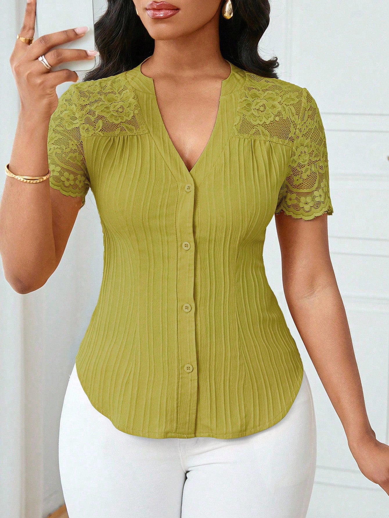 Versatile Slim-fit Embroidered Hollow-out Short-sleeve Top With A Single-breasted Design