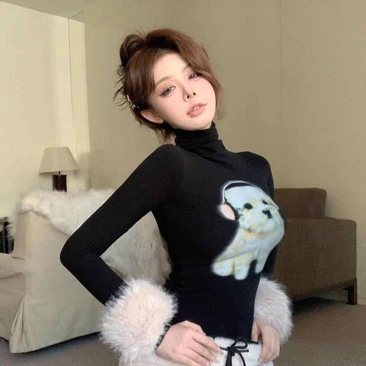 Sexy Alluring Miniature Dog-Print Turtleneck Long-Sleeve T-Shirt For Women