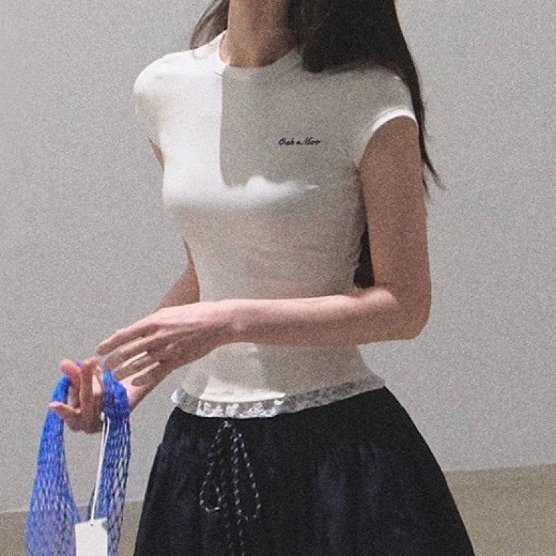 Lace Skin-friendly Slim Fit Patchwork Slimming T-shirt Summer Top For Women