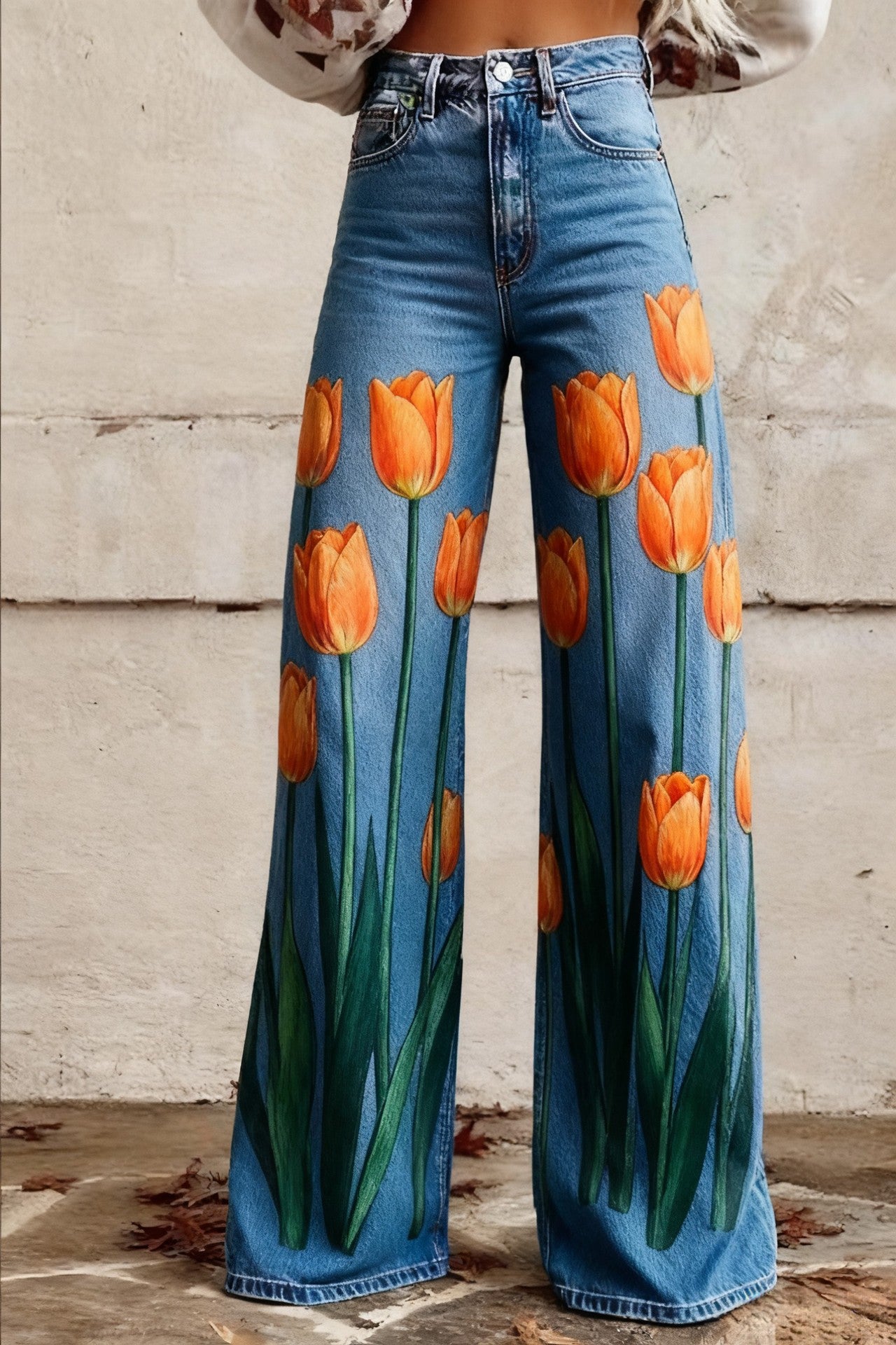 Floral-patterned Slim-fit Faux Denim Wide-leg Pants