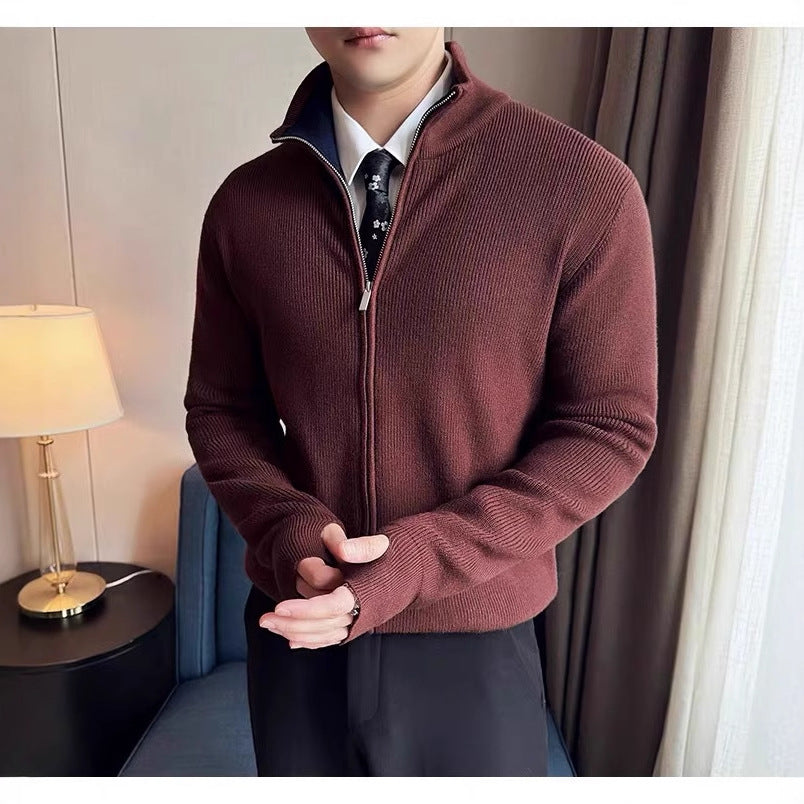 Cardigan Striped Thick Knitwear Autumn Winter Trend Slim Stand Collar Coat