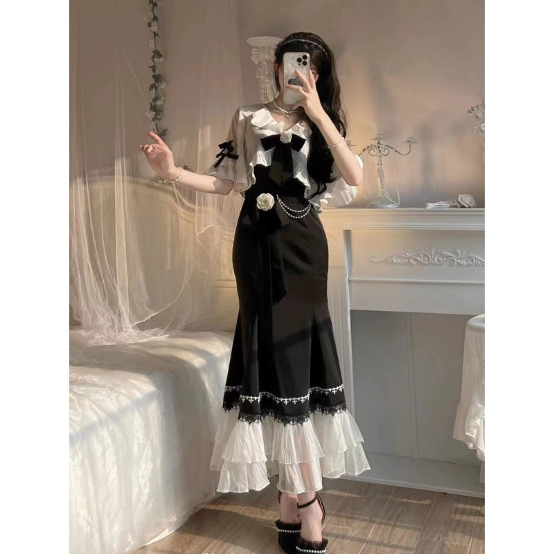 French Style Super Fairy Ruffled Stitching Shawl Fishtail Skirt Two-piece Set