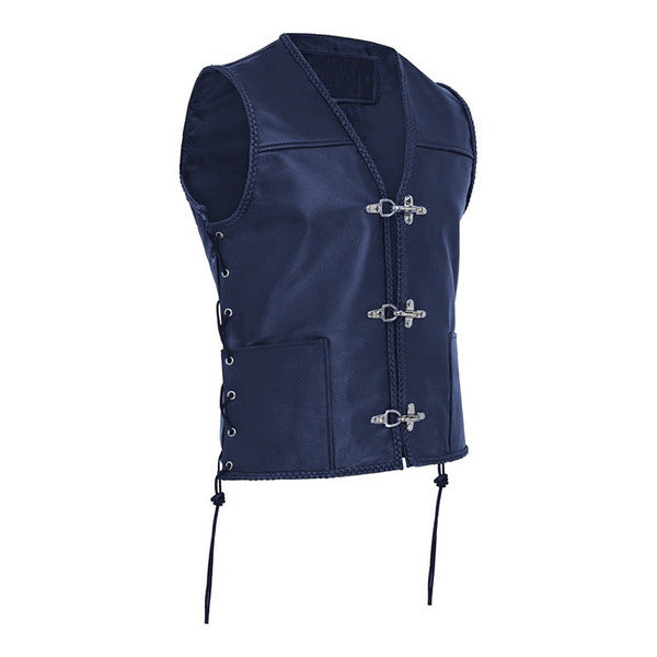 Men's Leather Vest V-neck Single-breasted Side Straps Short Sleeveless Top