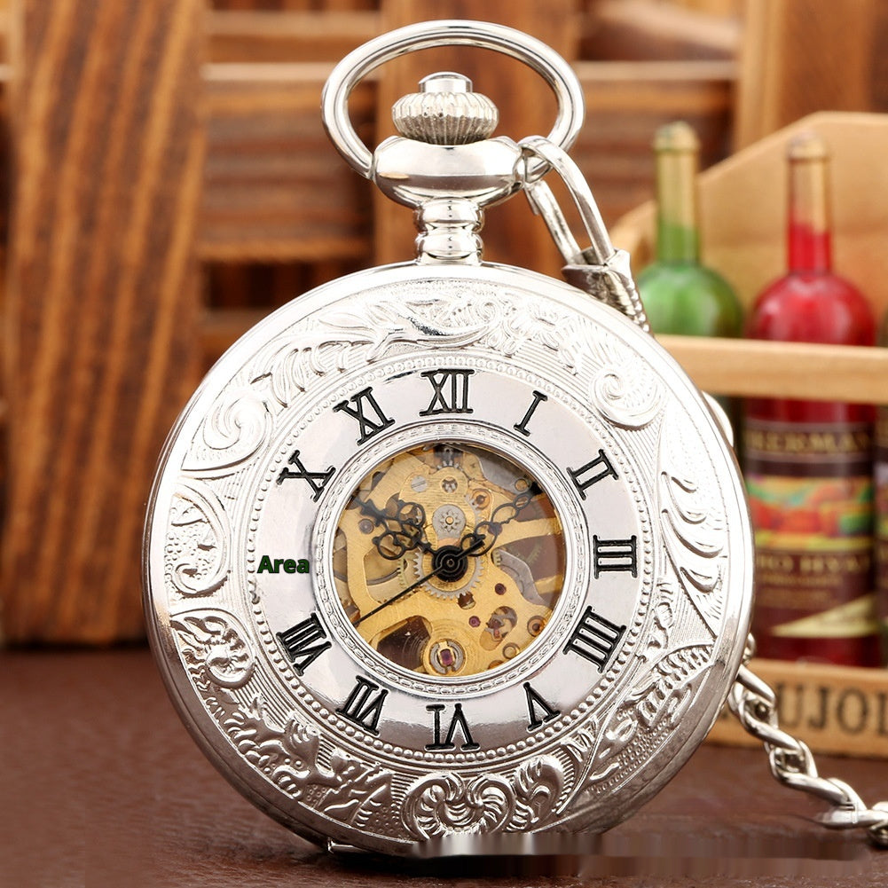 Retro Flip-Open Patterned Dual-Display Pocket Watch