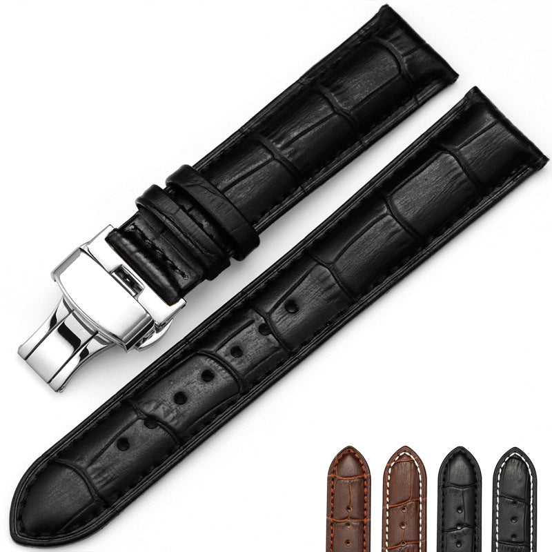 Double Click Elastic Butterfly Clasp Top Layer Cow Leather Watch Strap