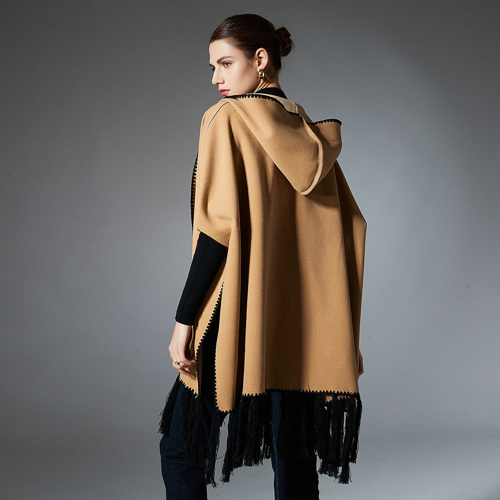 Autumn And Winter Solid Color Tassel Hoodie Cloak Shawl