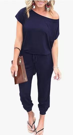 Fashion Slant Shoulder Short Sleeve Pocket Women's Jumpsuit