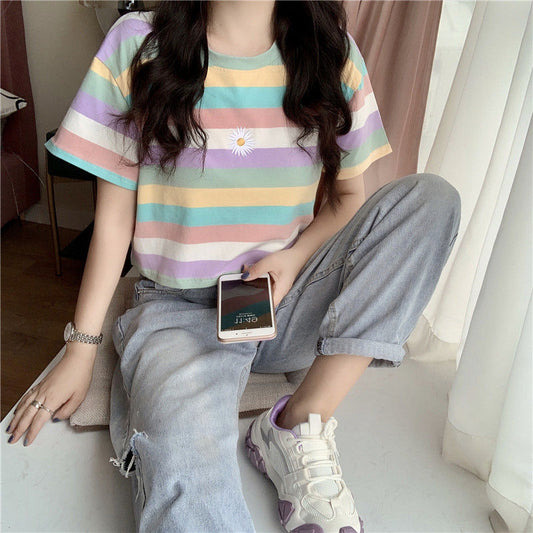 Colorful Stripe Short Sleeve Female Student Korean Loose Bf Spring Summer Top