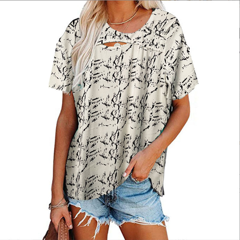 Hollow Crew Neck Casual Home Print Short Sleeves