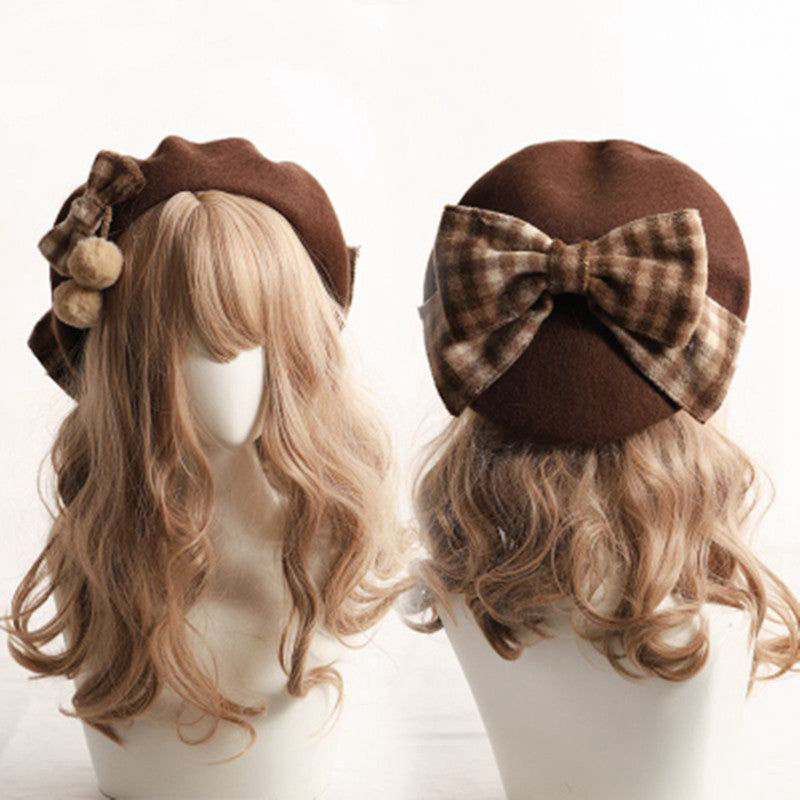 Handmade Plaid Pom Pom Bow Beret