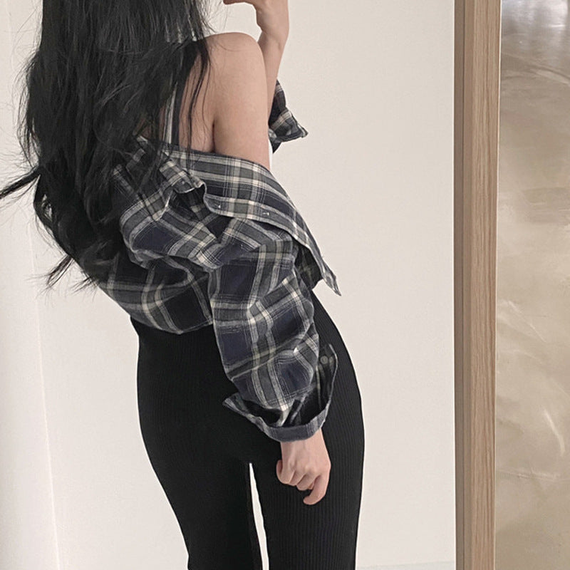 Retro Plaid Lapel Long Sleeve Short Shirt For Women