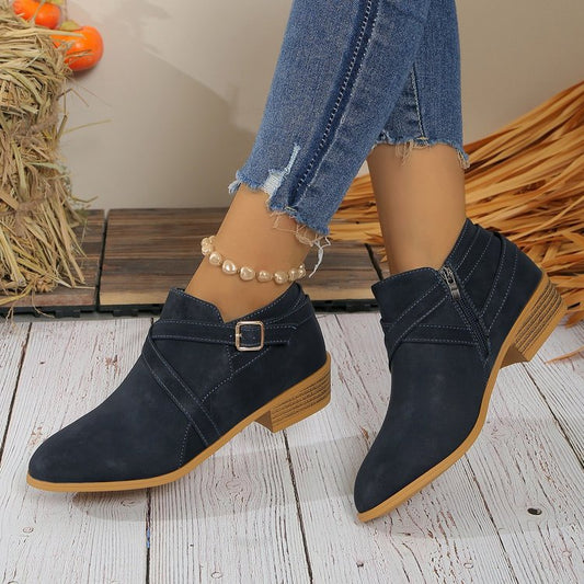 Womens Large-Size Leather Boots With Side Zipper And Cross Straps