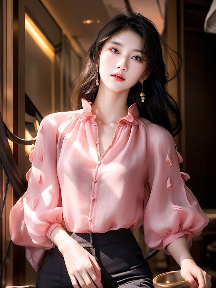 Three-dimensional Petals Solid Color Lantern Sleeve Top Slimming Shirt