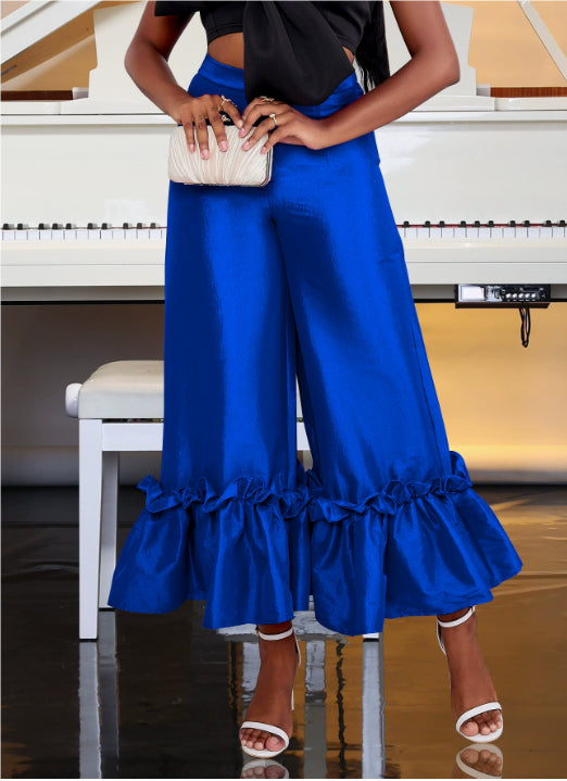 Patchwork Ruffled Loose High Waist Wide-leg Casual Pants