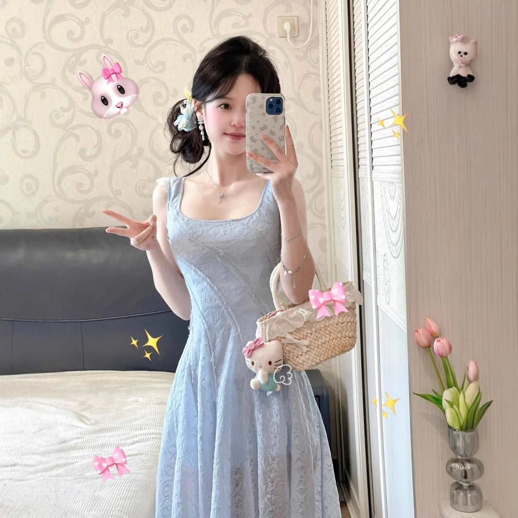 French Style Elegant Blue Lace Slip Dress For Women