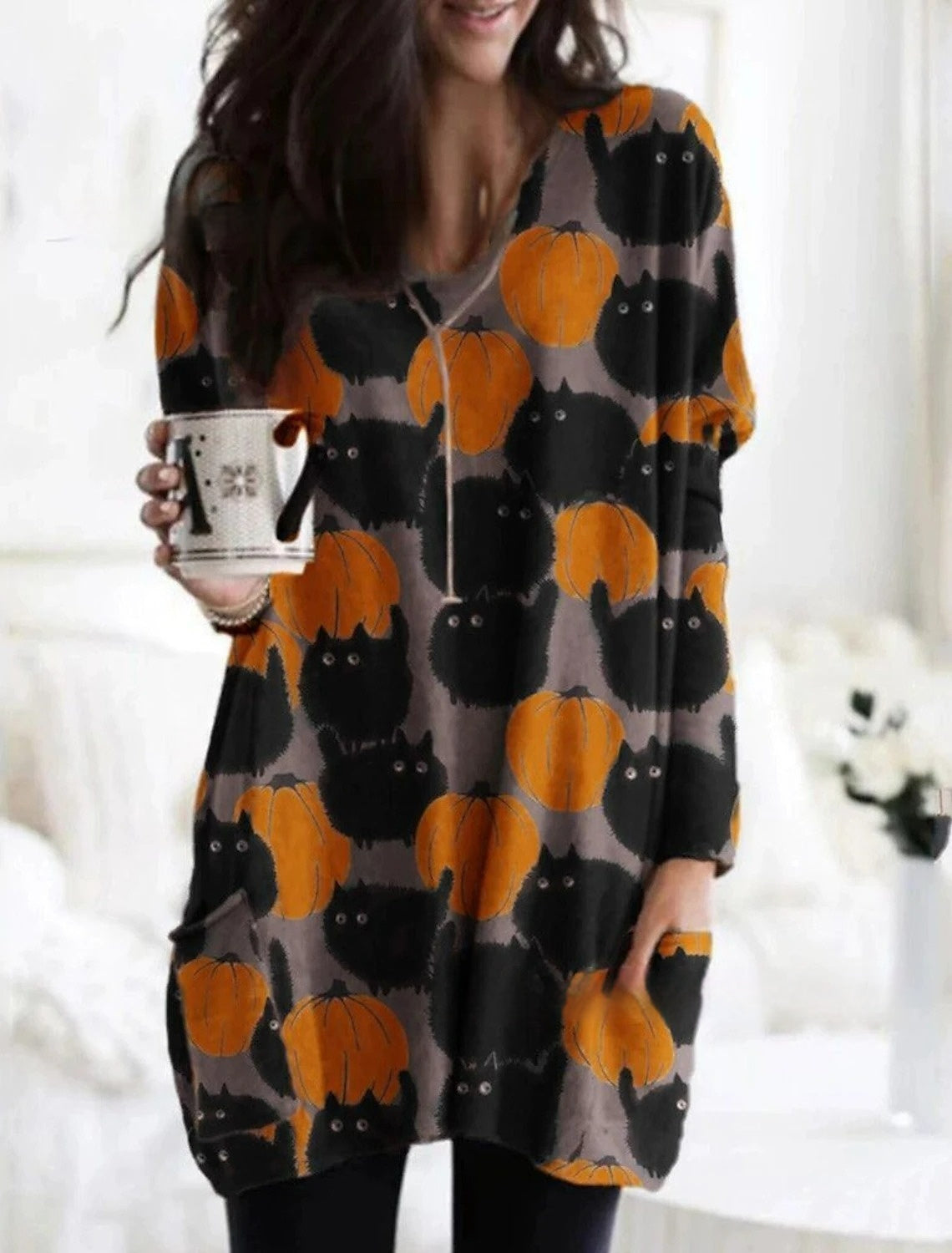 Women's Round Neck Mid-length Long-sleeved T-shirt With Pockets