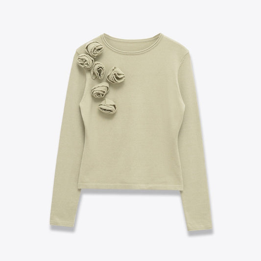Kvinders Strikket Sweater med Rund Hals og Blomsterudsmykning