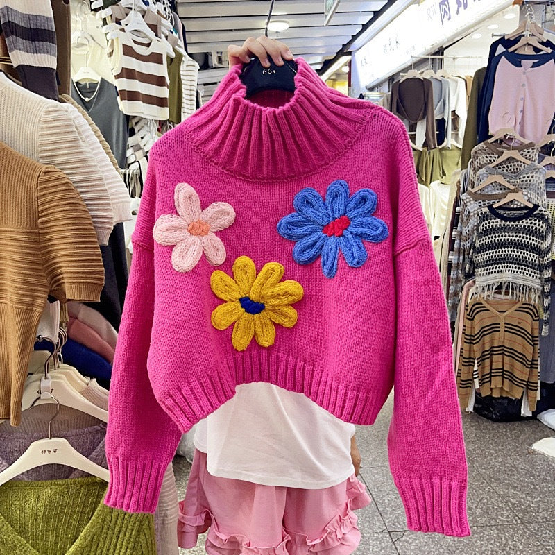 Three-dimensional Flower Temperament High Collar Long-sleeved Sweater