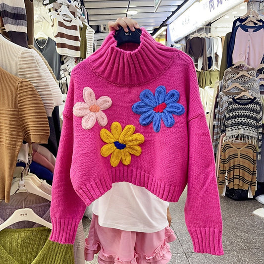 Three-dimensional Flower Temperament High Collar Long-sleeved Sweater