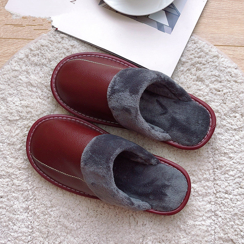 Genuine Leather Surface Cotton Home Waterproof Thick Bottom Plush Warm Slippers