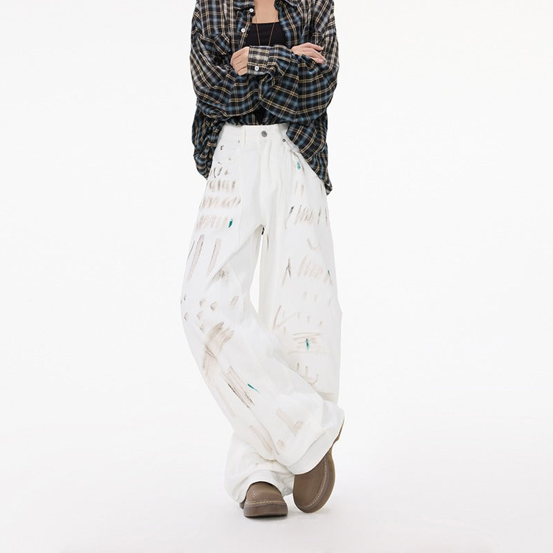 White Dirty Graffiti Machete Jeans For Women