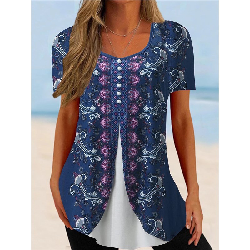 Women's Floral Print Round Neck False Two Pieces Button Short Sleeve T-shirt