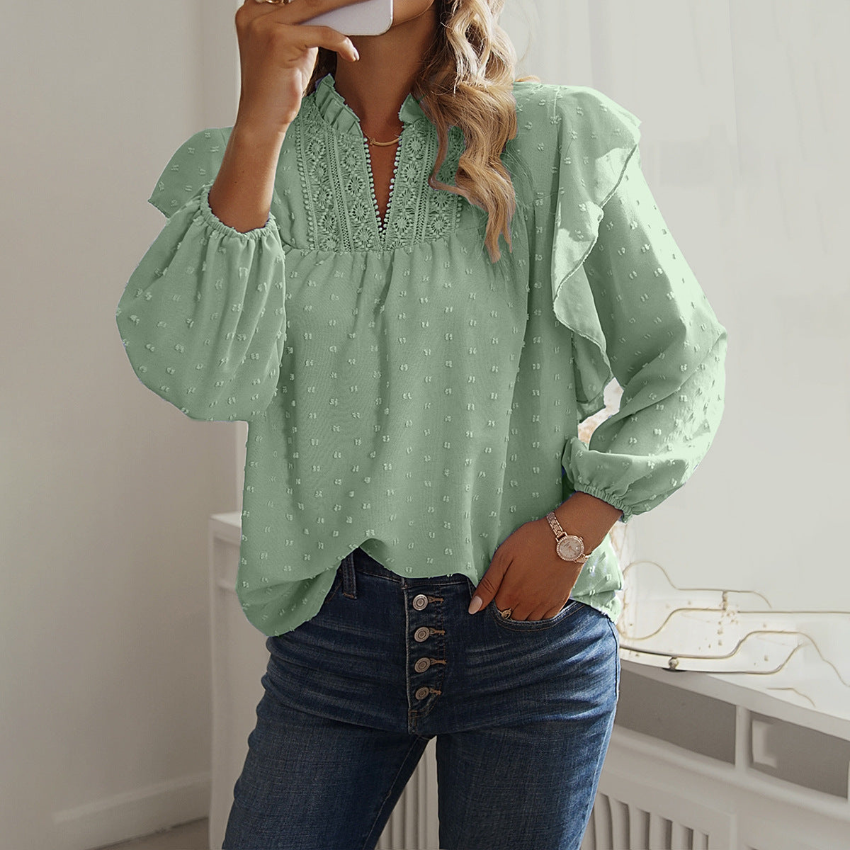 Spring And Summer Ruffled Lantern Sleeves Lace Stitching Coat
