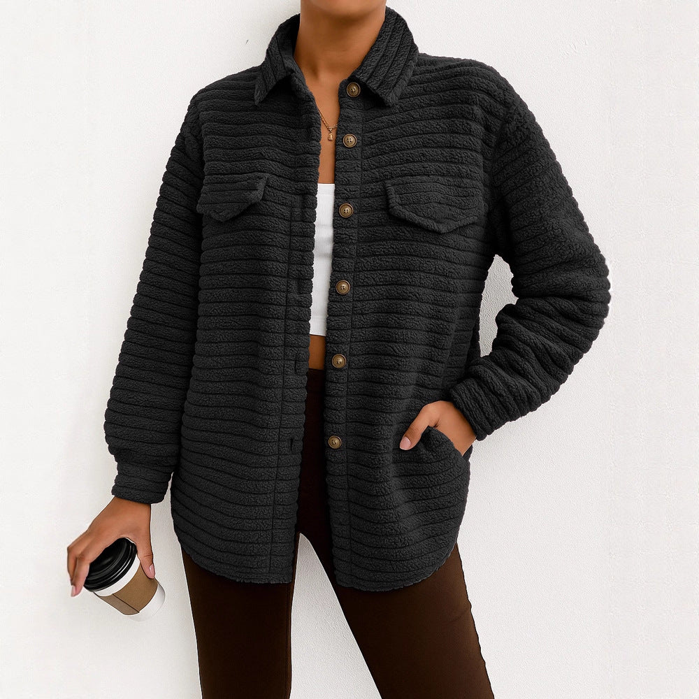 Casual Loose Fashion Striped Long Sleeves Cardigan Lapel Plush Coat