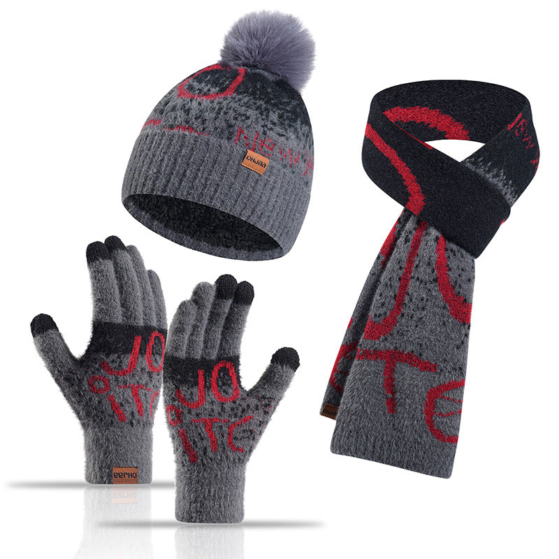 Ladies Jacquard Thickened Faux Mink Scarf Hat Gloves Three-Piece Set