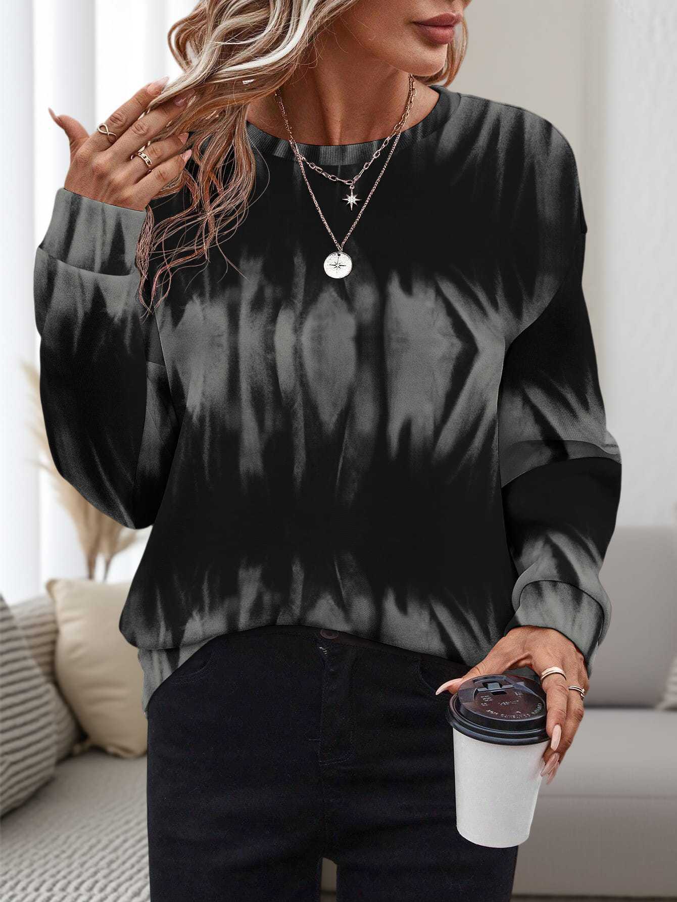 Dame 3D-printet rundhalset pullover, løs fritidstrøje