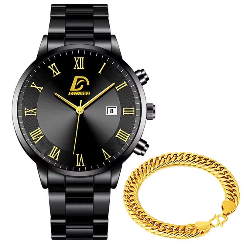 Luxury Stainless Steel Quartz Wrist Watch for Men with Calendar - Business Style Bracelet Timepiece