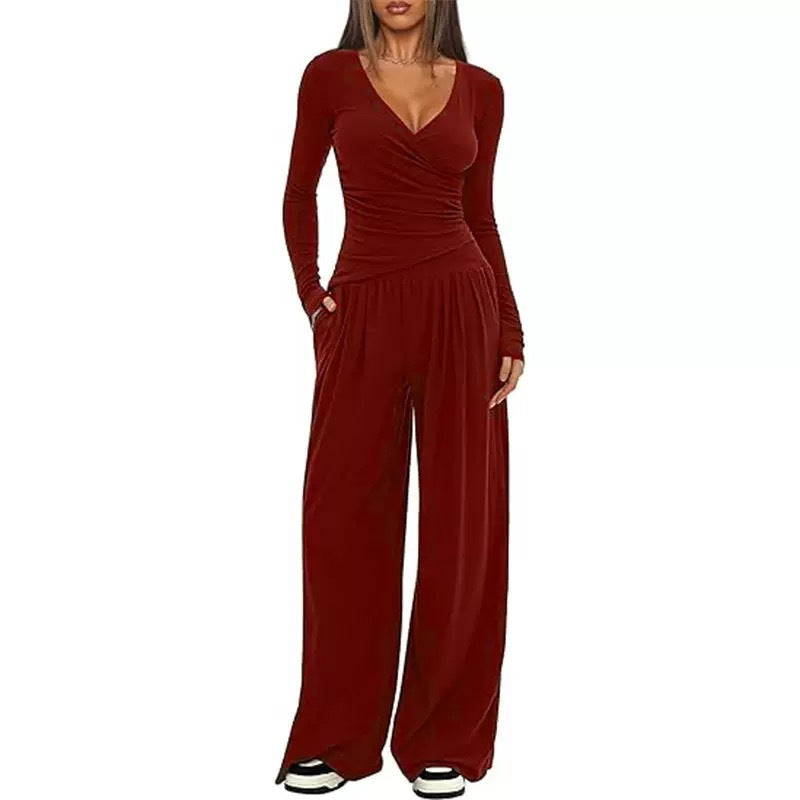 Women's V Neck Long-sleeve Sportswear Top And Wide-leg Pants Set Casual Comfortable Outfit Set For Daily Wear Gym Sports Outfit 2 Pieces