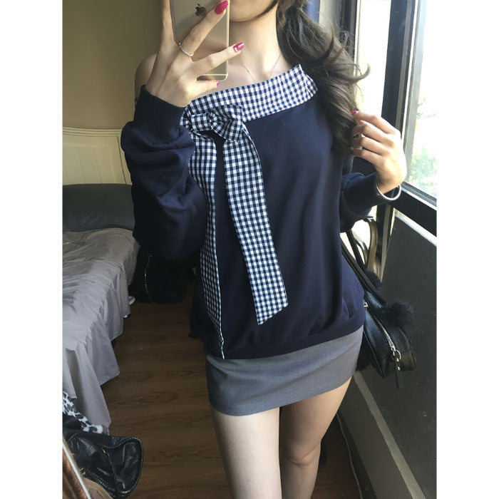 Fashion Plaid Off-shoulder Langærmet T-shirt til kvinder