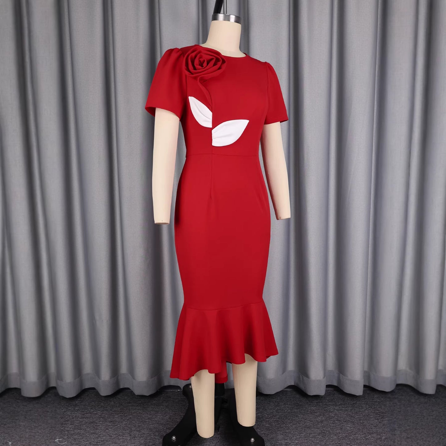Red 3D Floral Short-Sleeve Dress For Women