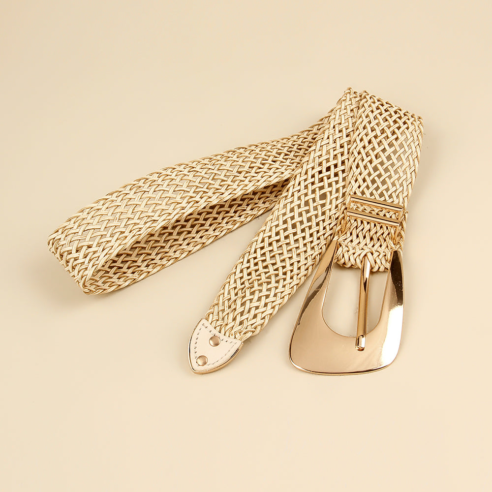 Summer New Ladies Belt PP Grass Gold Hand-woven Belt with Irregular Metal Buckle Waist Seal