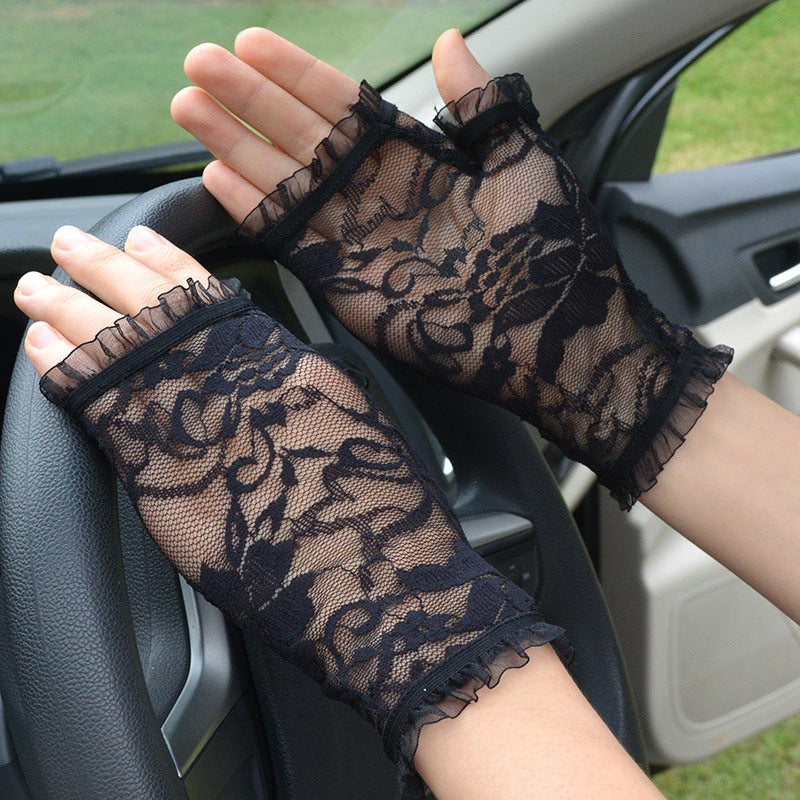 Translucent lace mesh fingerless gloves