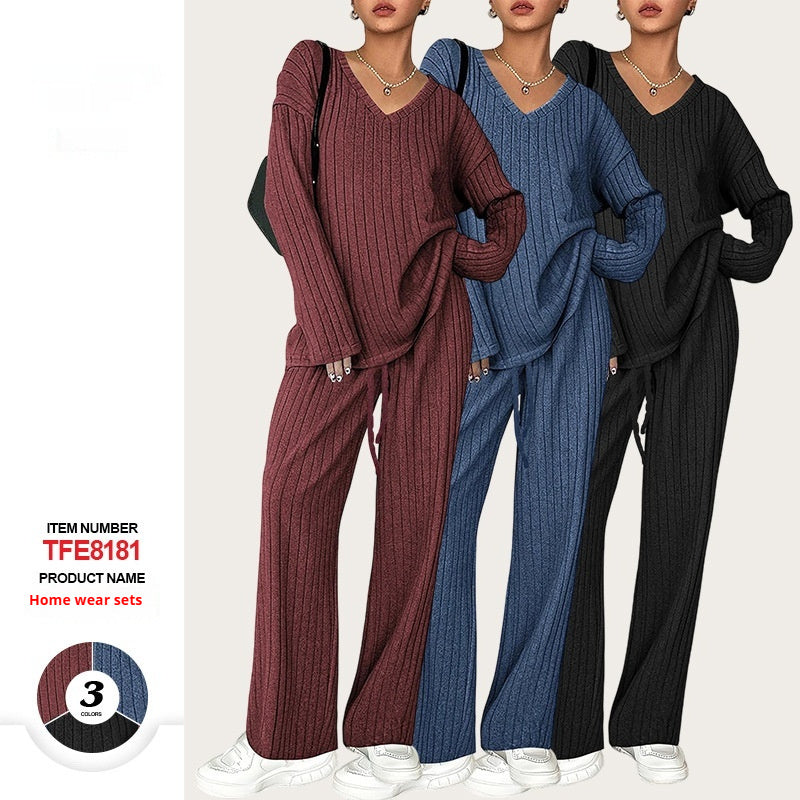 Autumn And Winter Suit Sunken Stripe Brushed Comfortable Loose Pajamas Ladies' Homewear Two Pieces