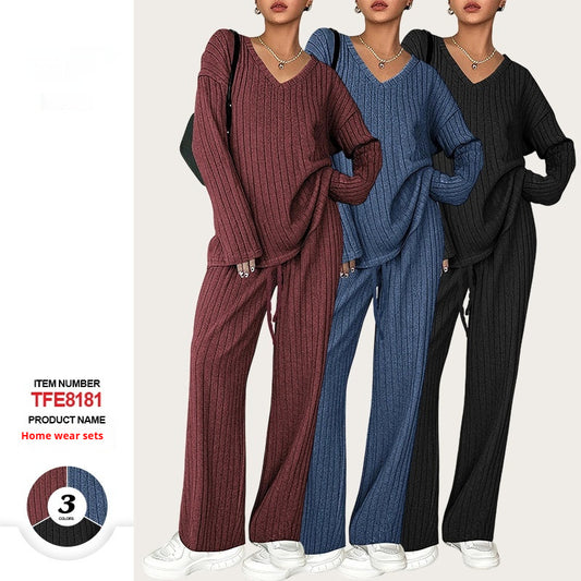 Autumn And Winter Suit Sunken Stripe Brushed Comfortable Loose Pajamas Ladies' Homewear Two Pieces